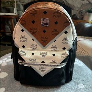 MCM Black and Brown Logo Pattern Backpack